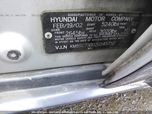 KM8SC73D02U245752 - 2002 HYUNDAI SANTA FE GLS/LX SILVER photo 9