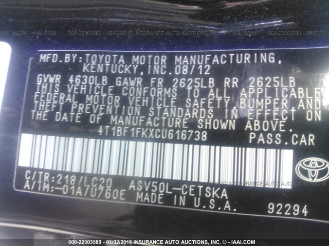 4T1BF1FKXCU616738 - 2012 TOYOTA CAMRY SE/LE/XLE Қара фото 9