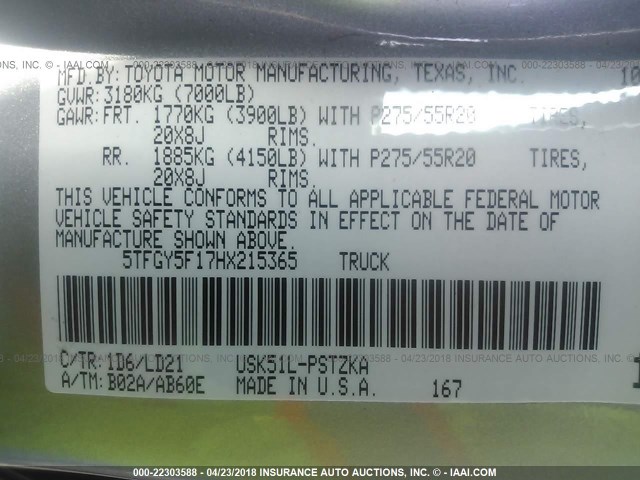 5TFGY5F17HX215365 - 2017 TOYOTA TUNDRA CREWMAX 1794/PLATINUM 银色 照片 9