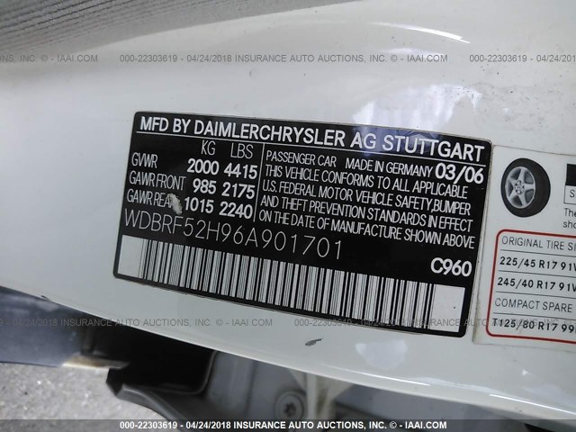 WDBRF52H96A901701 - 2006 MERCEDES-BENZ C GENERATION 2006 230 WHITE photo 9