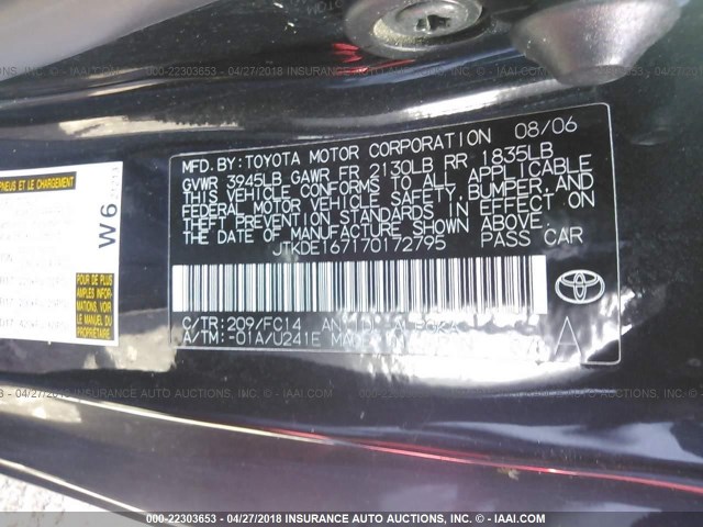 JTKDE167170172795 - 2007 TOYOTA SCION TC 黑色 照片 9