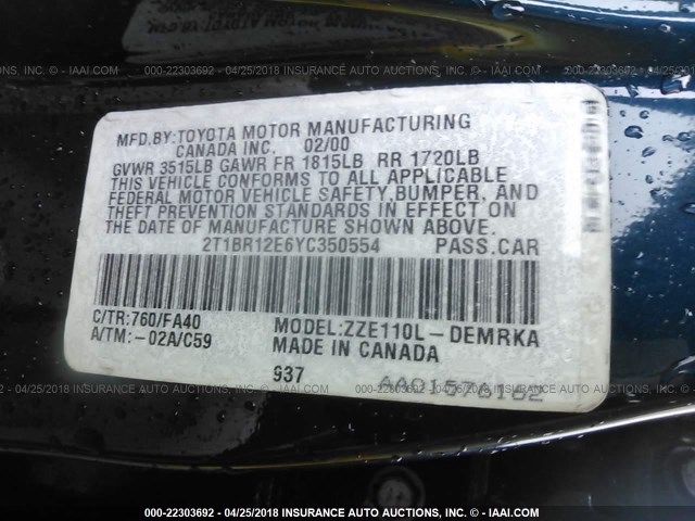 2T1BR12E6YC350554 - 2000 TOYOTA COROLLA VE/CE/LE 青色 照片 9