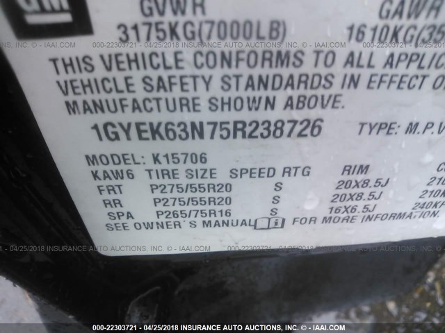 1GYEK63N75R238726 - 2005 CADILLAC ESCALADE LUXURY შავი ფოტო 9