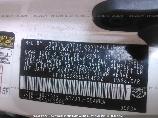 4T1BE32K55U404532 - 2005 TOYOTA CAMRY LE/XLE/SE თეთრი ფოტო 9