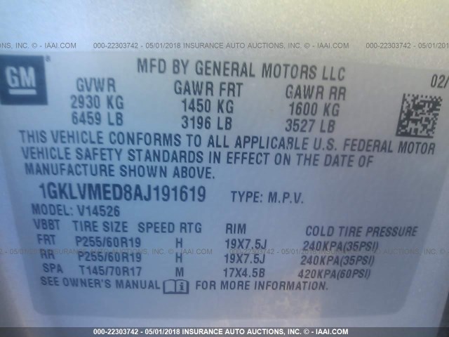 1GKLVMED8AJ191619 - 2010 GMC ACADIA SLT-1 Srebrny zdjęcie 9