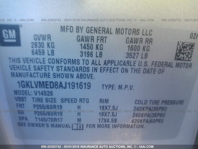 1GKLVMED8AJ191619 - 2010 GMC ACADIA SLT-1 SILVER photo 9