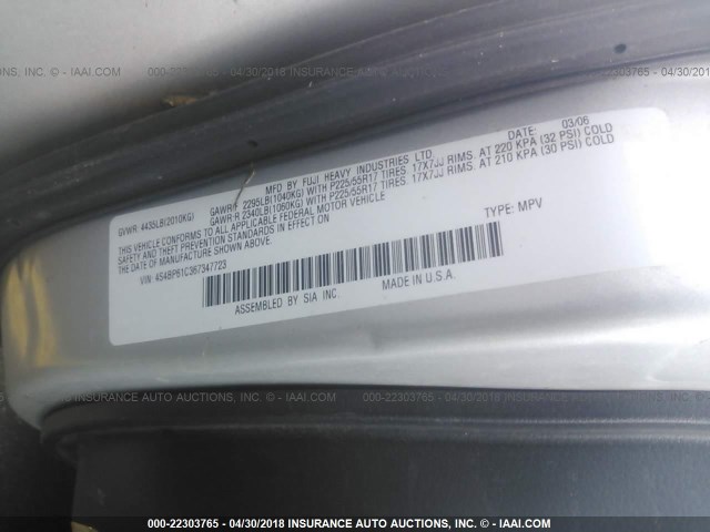 4S4BP61C367347723 - 2006 SUBARU LEGACY OUTBACK 2.5I SILVER photo 9