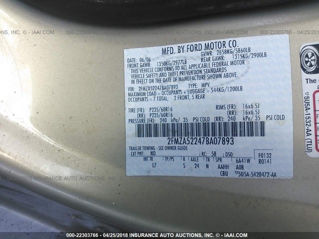 2FMZA52247BA07893 - 2007 FORD FREESTAR SEL BEIGE photo 9