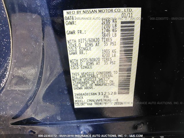 1N6BA0EC6BN312528 - 2011 NISSAN TITAN S/SV/SL/PRO-4X BLUE photo 9