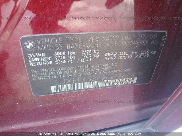 5UXFE43549L272684 - 2009 BMW X5 XDRIVE30I RED photo 9