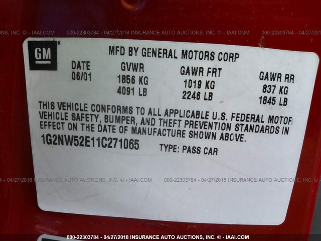 1G2NW52E11C271065 - 2001 PONTIAC GRAND AM GT RED photo 9