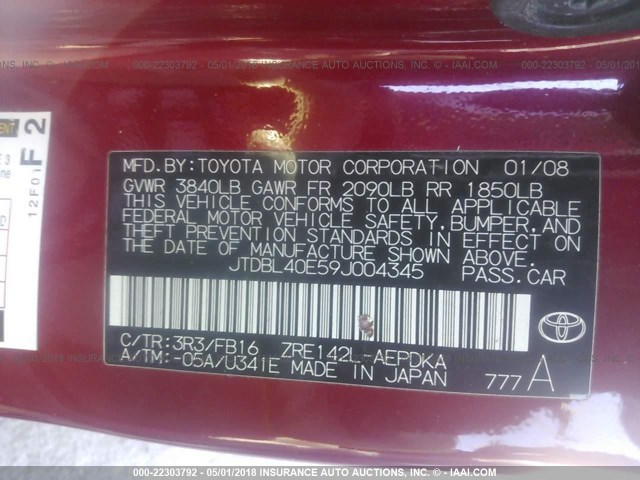 JTDBL40E59J004345 - 2009 TOYOTA COROLLA LE/XLE RED photo 9