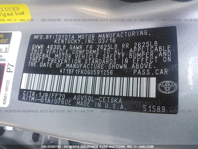 4T1BF1FK0GU591256 - 2016 TOYOTA CAMRY LE/XLE/SE/XSE SILVER photo 9