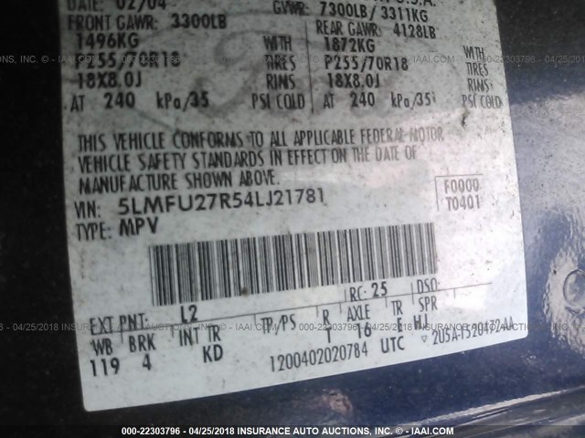 5LMFU27R54LJ21781 - 2004 LINCOLN NAVIGATOR BLUE photo 9