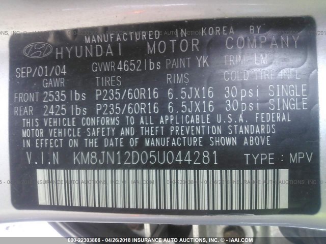 KM8JN12D05U044281 - 2005 HYUNDAI TUCSON GLS/LX GRAY photo 9