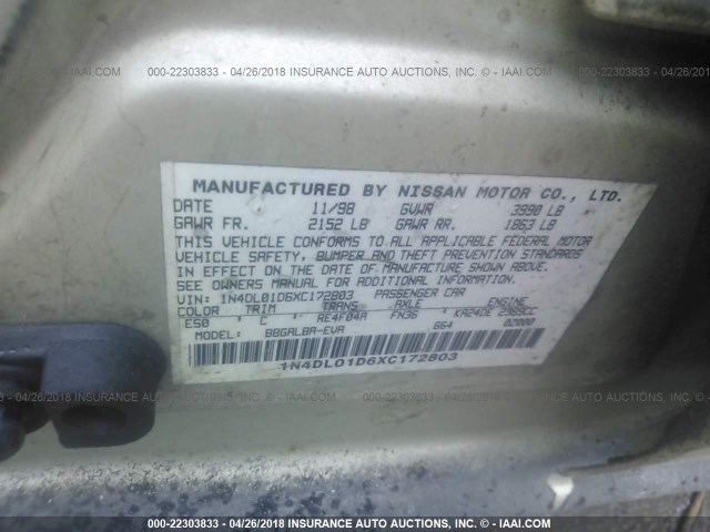 1N4DL01D6XC172803 - 1999 NISSAN ALTIMA XE/GXE/SE/GLE TAN photo 9