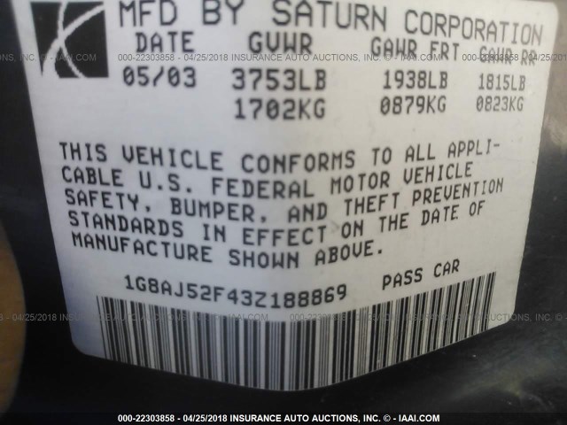 1G8AJ52F43Z188869 - 2003 SATURN ION LEVEL 2 BLUE photo 9