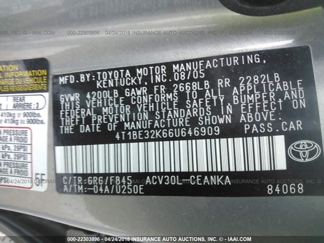 4T1BE32K66U646909 - 2006 TOYOTA CAMRY LE/XLE/SE GRAY photo 9