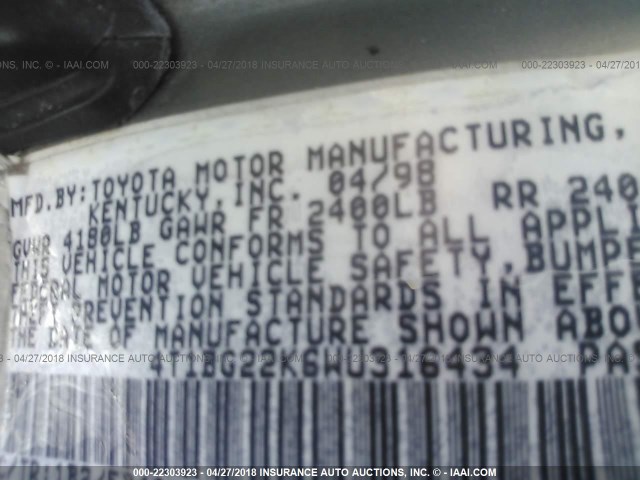 4T1BG22K6WU316434 - 1998 TOYOTA CAMRY CE/LE/XLE 灰色 照片 9