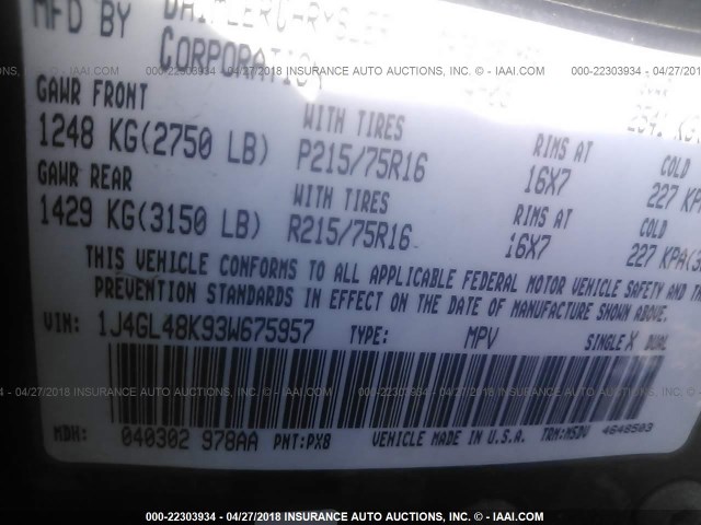 1J4GL48K93W675957 - 2003 JEEP LIBERTY SPORT/FREEDOM შავი ფოტო 9