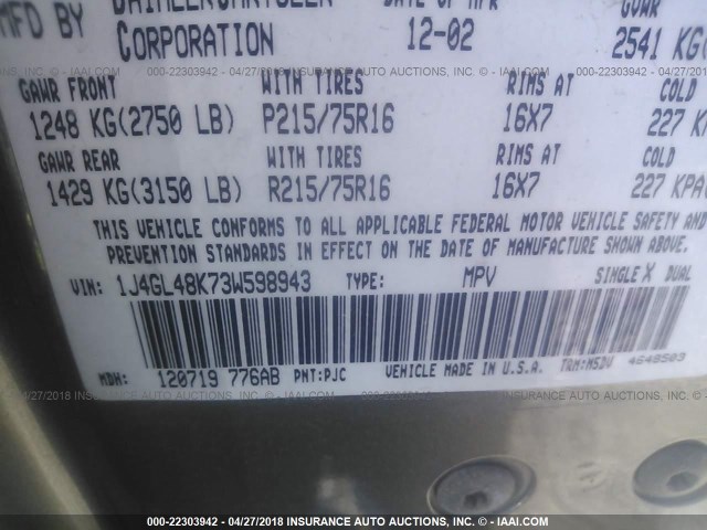 1J4GL48K73W598943 - 2003 JEEP LIBERTY SPORT/FREEDOM ოქროსფერი ფოტო 9