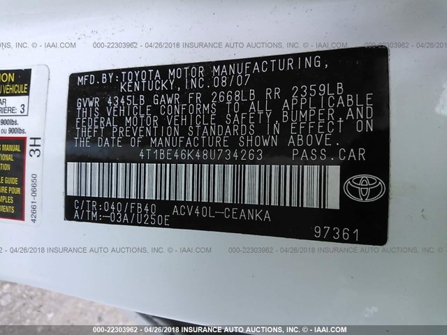 4T1BE46K48U734263 - 2008 TOYOTA CAMRY CE/LE/XLE/SE WHITE photo 9
