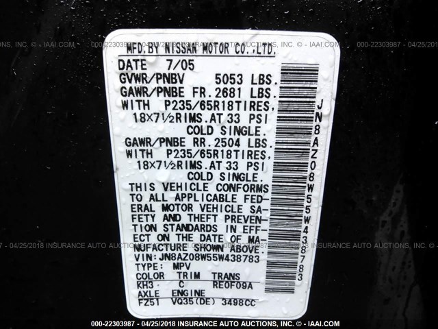 JN8AZ08W55W438783 - 2005 NISSAN MURANO SL/SE/S BLACK photo 9