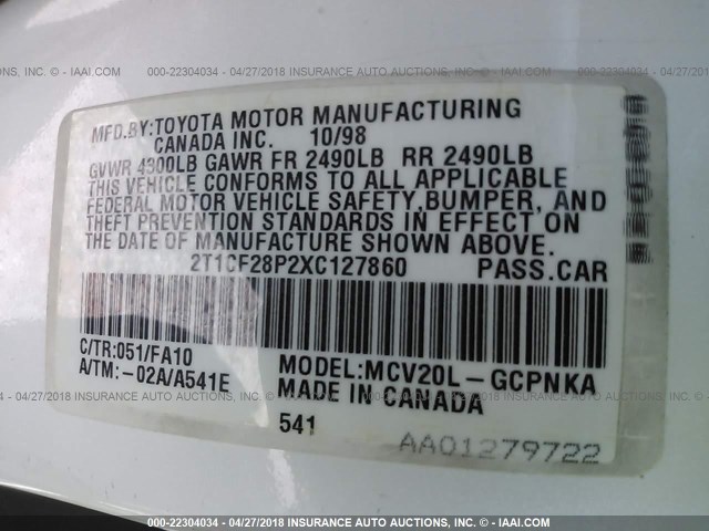 2T1CF28P2XC127860 - 1999 TOYOTA CAMRY SOLARA SE/SLE თეთრი ფოტო 9