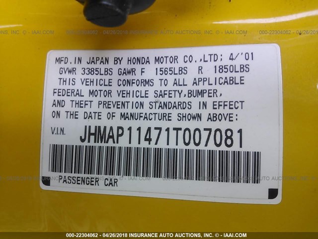 JHMAP11471T007081 - 2001 HONDA S2000 YELLOW photo 9