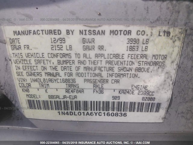 1N4DL01A6YC160836 - 2000 NISSAN ALTIMA XE/GXE/SE/GLE SILVER photo 9