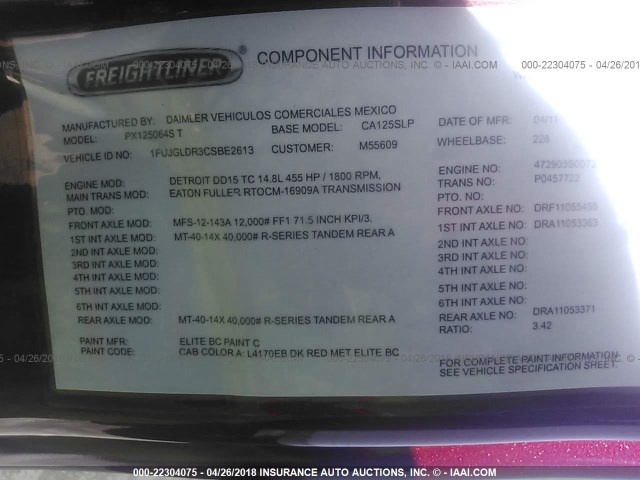 1FUJGLDR3CSBE2613 - 2012 FREIGHTLINER CASCADIA 125  MAROON photo 10