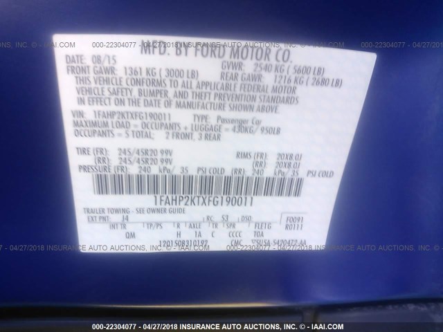 1FAHP2KTXFG190011 - 2015 FORD TAURUS SHO BLUE photo 9