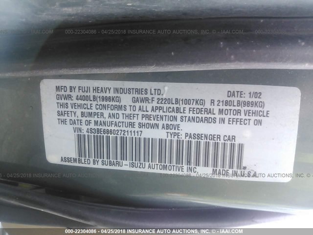4S3BE686027211117 - 2002 SUBARU LEGACY OUTBACK LIMITED GREEN photo 9