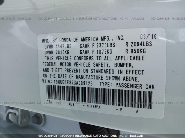 19UUB1F37GA009125 - 2016 ACURA TLX WHITE photo 9