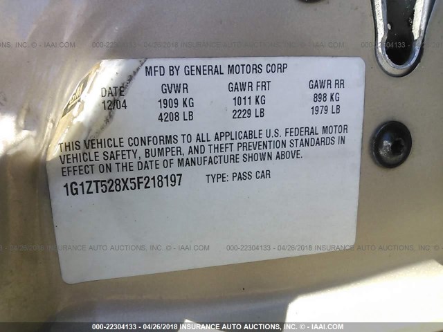 1G1ZT528X5F218197 - 2005 CHEVROLET MALIBU LS 金色 照片 9