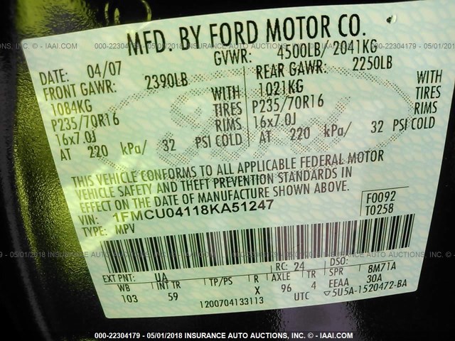 1FMCU04118KA51247 - 2008 FORD ESCAPE LIMITED BLACK photo 9