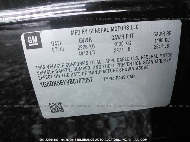 1G6DK5EY9B0107657 - 2011 CADILLAC CTS PERFORMANCE COLLECTION Черный фото 9