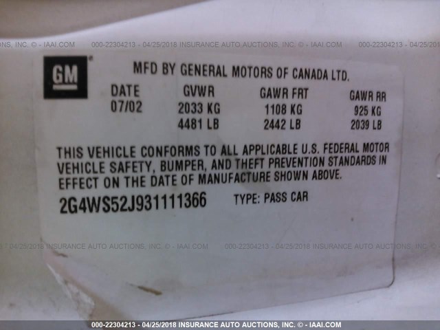 2G4WS52J931111366 - 2003 BUICK CENTURY CUSTOM WHITE photo 9