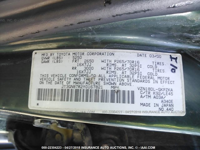 JT3GN87R2Y0167821 - 2000 TOYOTA 4RUNNER LIMITED GREEN photo 9