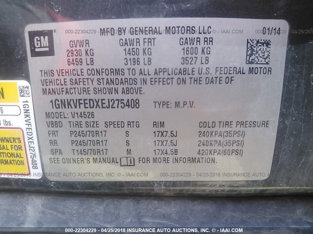 1GNKVFEDXEJ275408 - 2014 CHEVROLET TRAVERSE LS GRAY photo 9