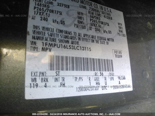 1FMPU16L53LC13115 - 2003 FORD EXPEDITION XLT მწვანე ფოტო 9