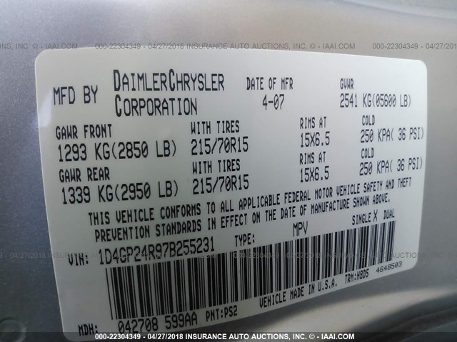 1D4GP24R97B255231 - 2007 DODGE GRAND CARAVAN SE SILVER photo 9