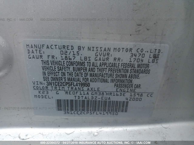 3N1CE2CP5FL419950 - 2015 NISSAN VERSA NOTE S/S PLUS/SV/SL/SR SILVER photo 9