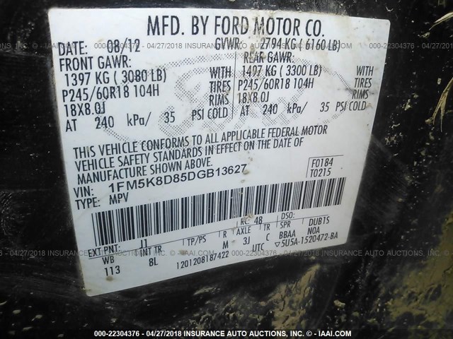 1FM5K8D85DGB13627 - 2013 FORD EXPLORER XLT BLACK photo 9