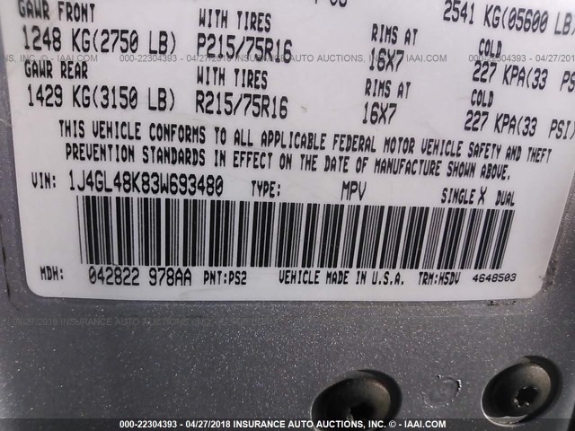 1J4GL48K83W693480 - 2003 JEEP LIBERTY SPORT/FREEDOM ვერცხლისფერი ფოტო 9