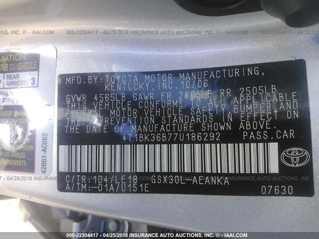 4T1BK36B77U186292 - 2007 TOYOTA AVALON XL/XLS/TOURING/LIMITED 银色 照片 9