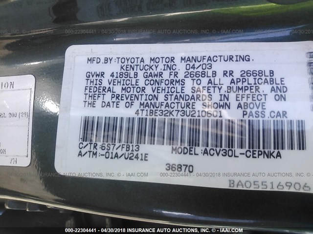 4T1BE32K73U210601 - 2003 TOYOTA CAMRY LE/XLE/SE GREEN photo 9