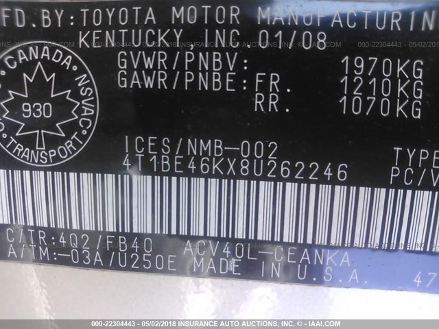 4T1BE46KX8U262246 - 2008 TOYOTA CAMRY CE/LE/XLE/SE TAN photo 9