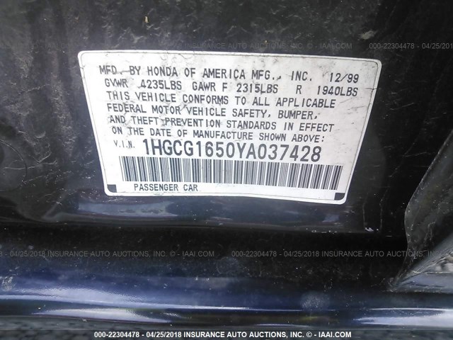 1HGCG1650YA037428 - 2000 HONDA ACCORD EX BLACK photo 9