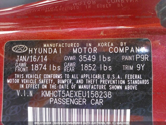 KMHCT5AEXEU158238 - 2014 HYUNDAI ACCENT GLS/GS RED photo 9